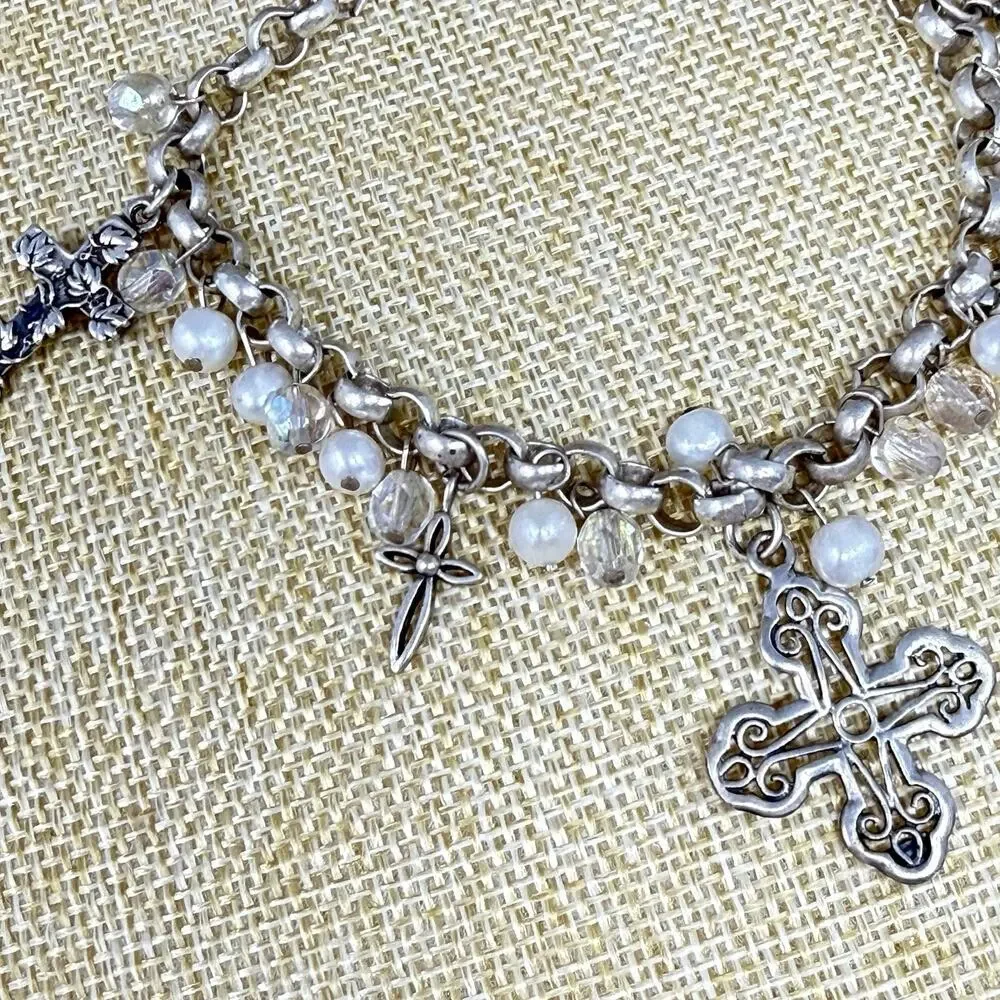 Vintage 925 Religious 5 Cross Charm Bracelet Sterling Silver Christian